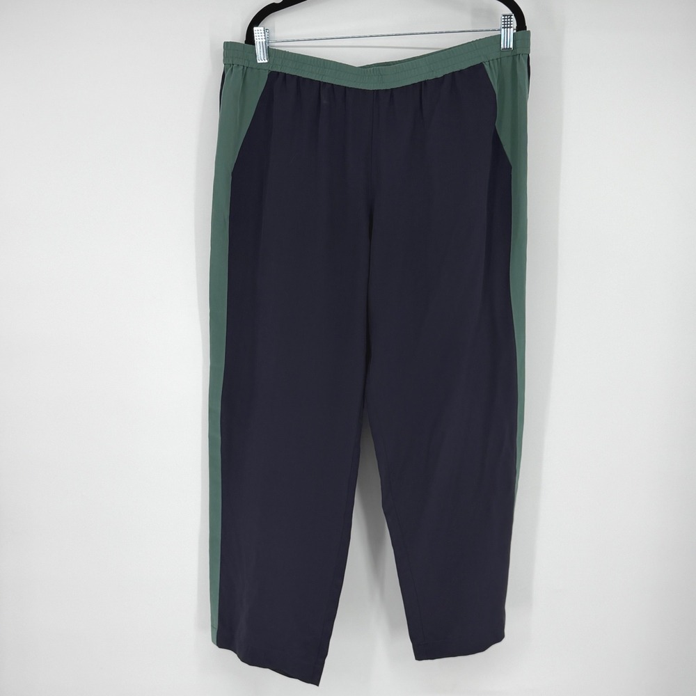 Tory‎ Burch Navy Blue Green 100% Silk Colorblock Track Pants Trousers Size 14